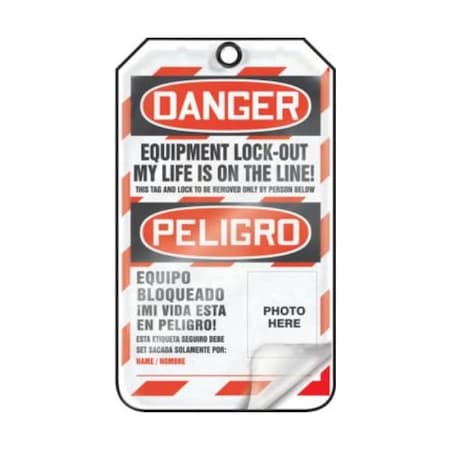 Accuform Safety Tags, DANGER EQUIPMENT LOCK-OUT MY LIFE IS ON THE LINE!, Bilingual Spanish, 5.75x3.25in, 25PK TSP107LTP